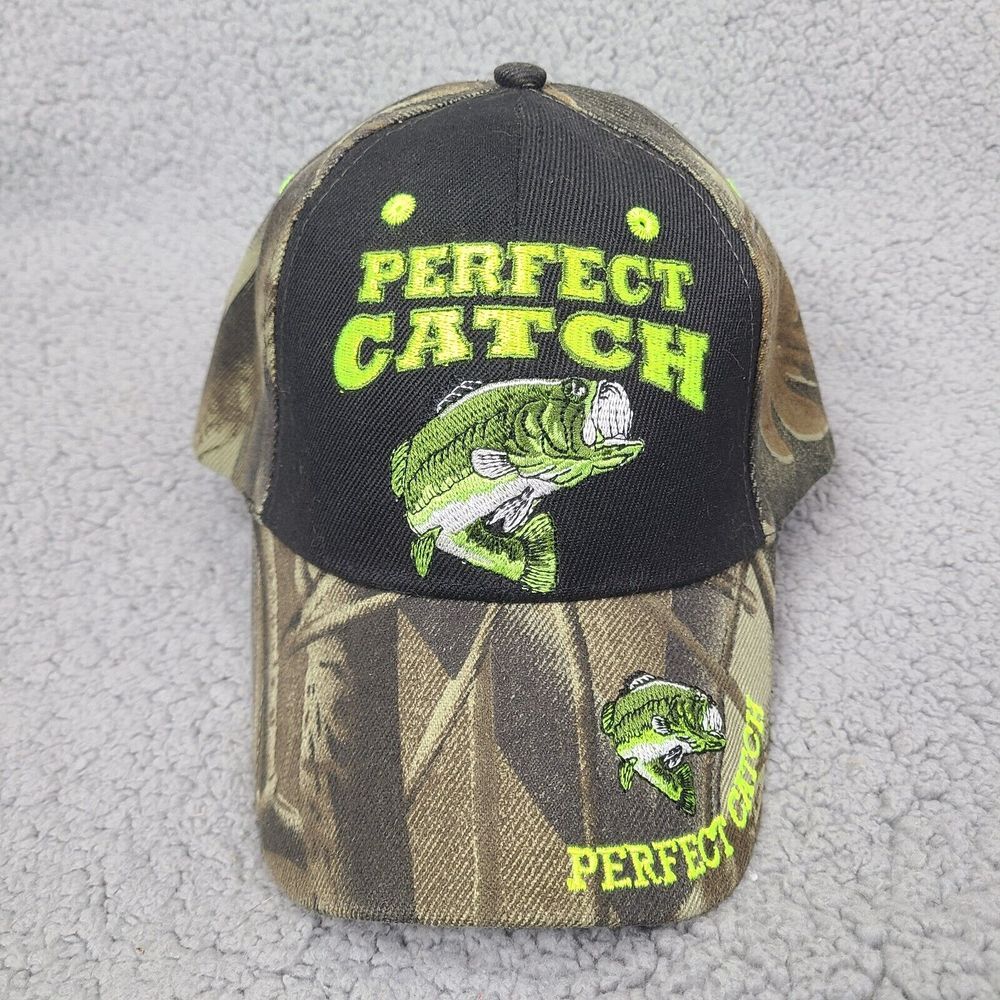 Perfect Catch Bass Fishing Hat‎ Cap Camo Black Adjustable Embroidered (KYS)